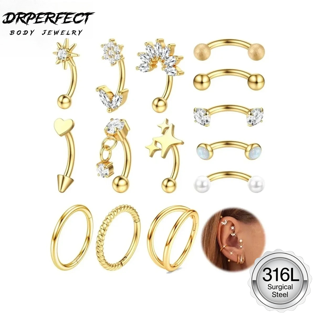 Rook Curved Barbell - Drperfect 1 peça de piercing de