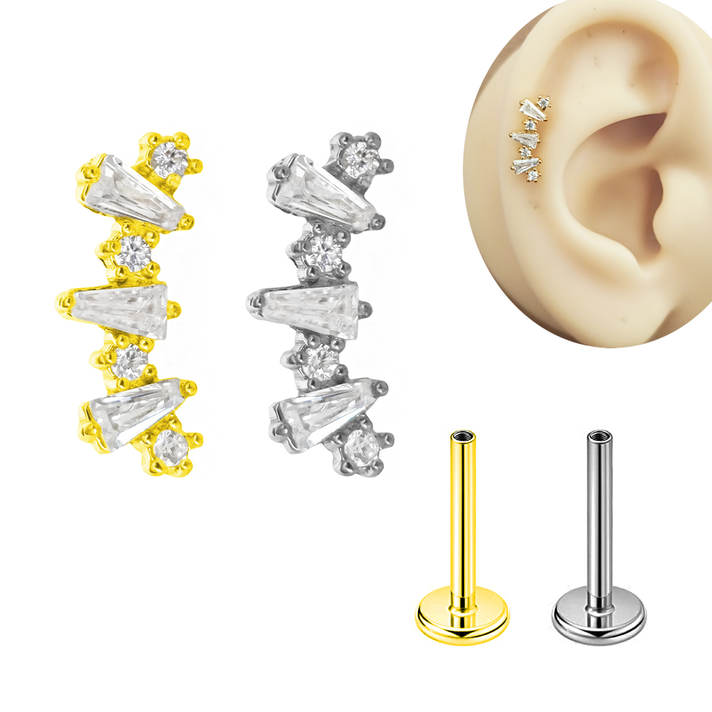 Tragus Flat Back - Interno rosca Cubic Zirconia Labret, aço