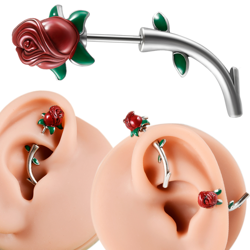 Rook Curved Barbell - Aço Cirúrgico Rosa Vermelha Flor Torre